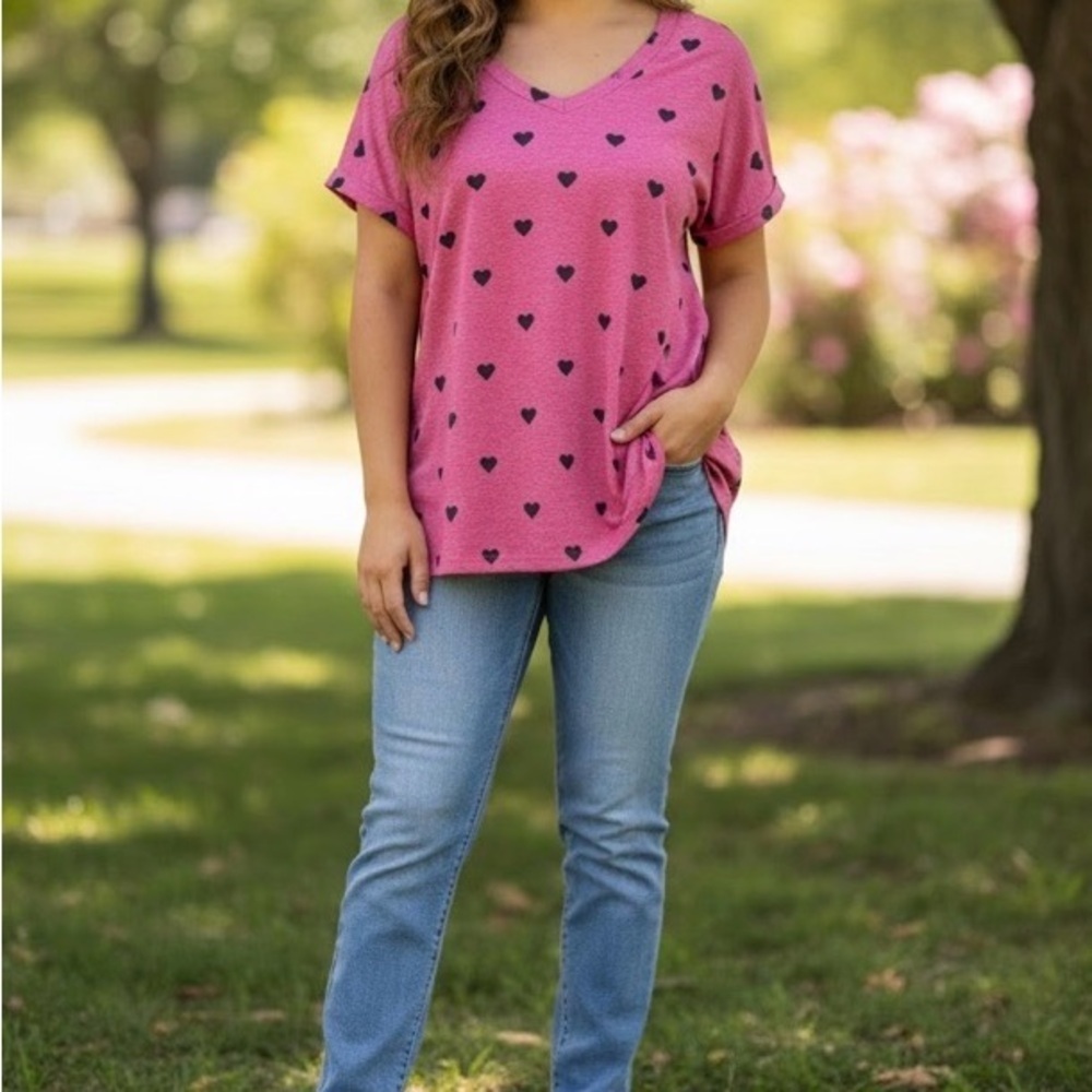 Charming Pink Heart Print Women's Tee